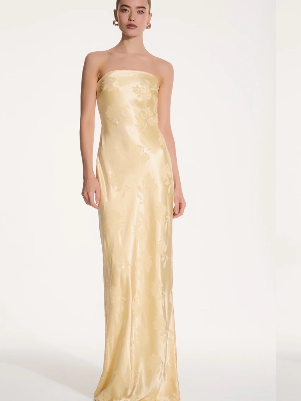Strapless Satin Jacquard Column Gown in Pale Butter Yellow